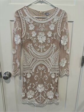 Minuet Petite Nude Sheer Long Sleeve Beaded Cocktail Dress